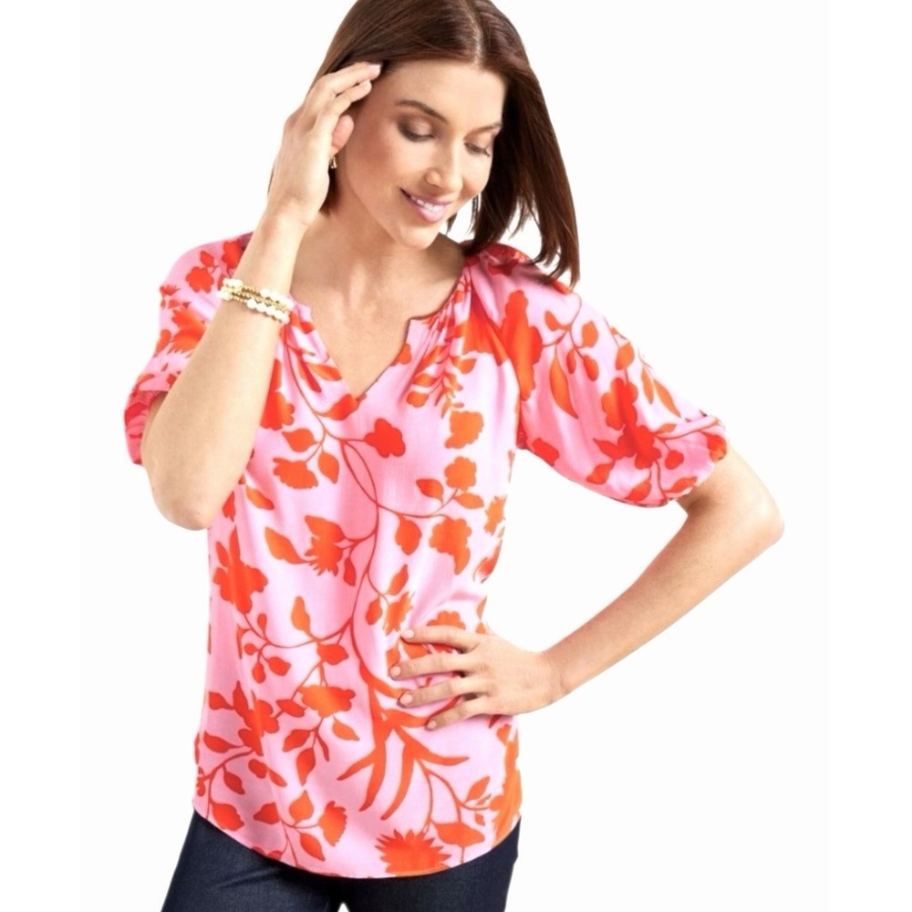 Talbots Floral Botanical Puff Sleeve Flowy Popover Top Resort Women's Size Large
